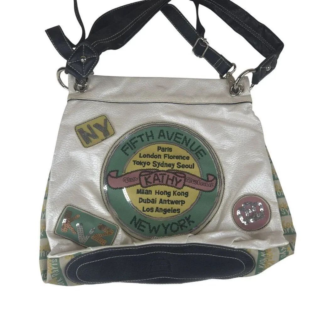 Kathy Van Zeeland Fifth Avenue Globetrotter Crossbody Hobo Bag White Faux Leathe